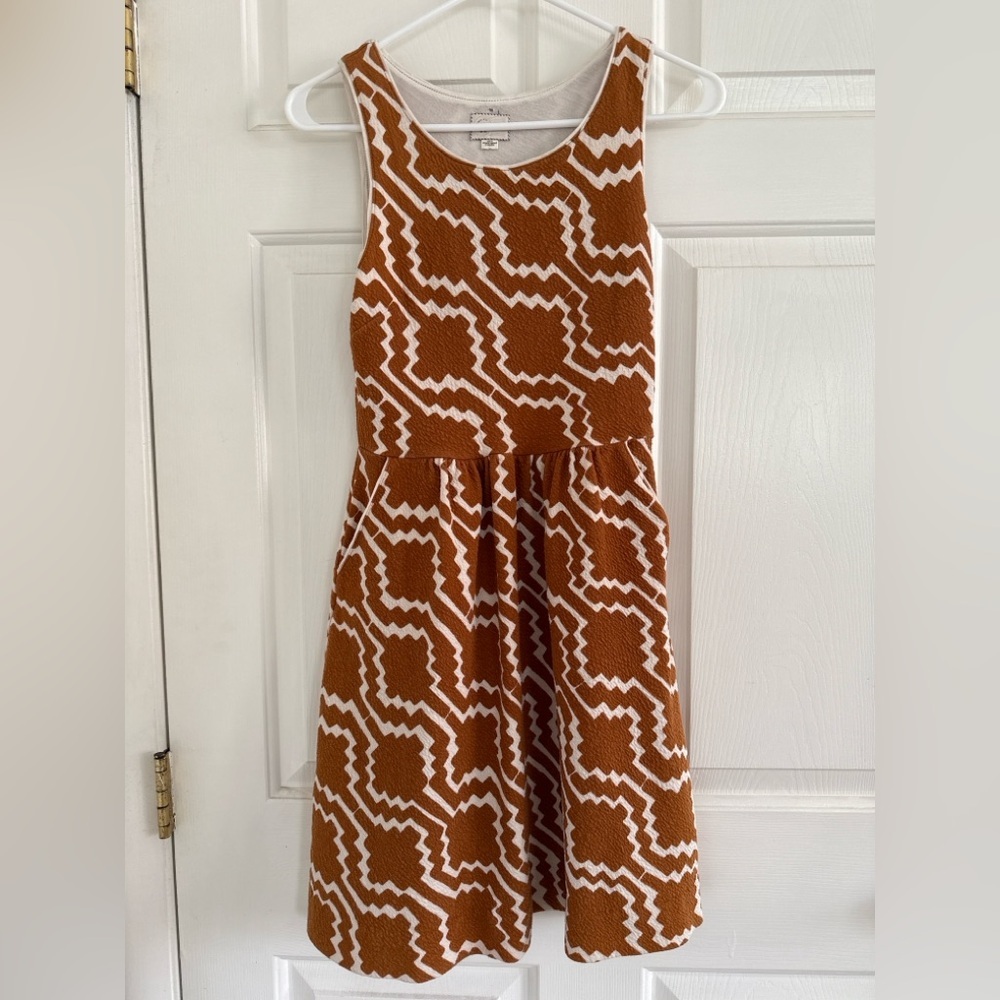 Anthropologie Sleeveless Geometric Fit & Flare Dress Brown White Size 2 Pockets